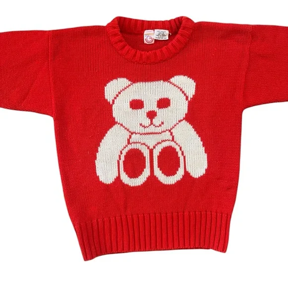 Vintage 80s 90s Red Knit Crewneck Teddy Bear Print Pullover Sweater Size Small - Picture 4 of 8